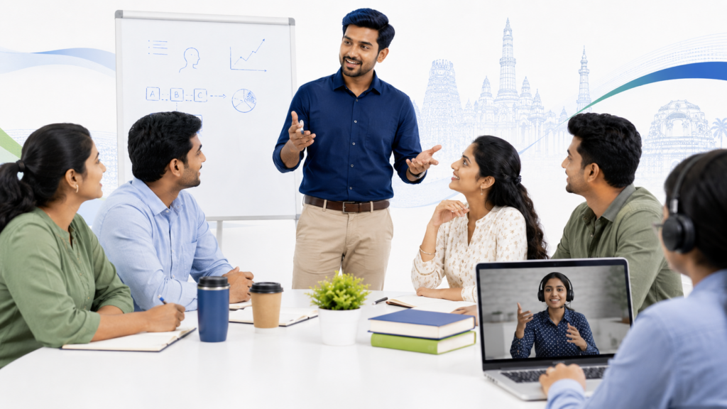Aksent English trainer guiding adult learners through classroom and online spoken English practice